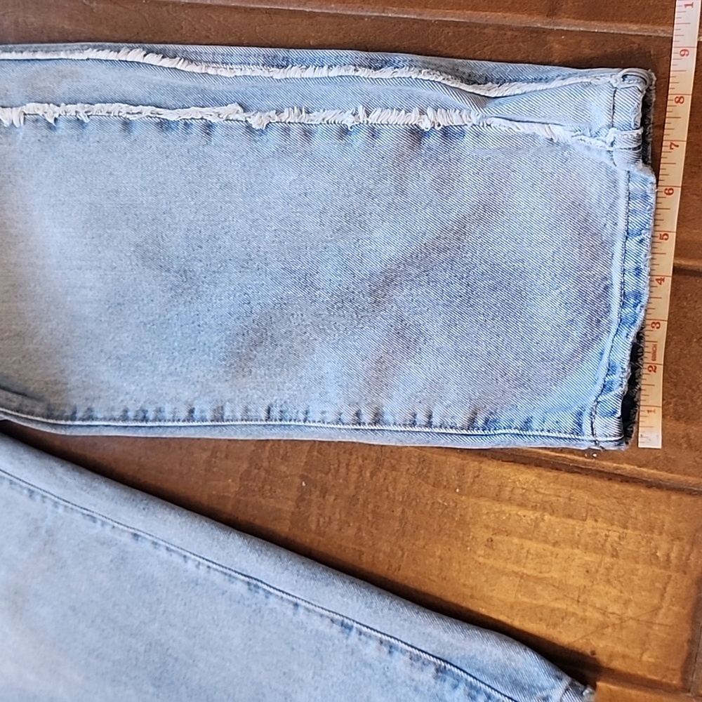 Lowrys Farm Cone Wide Straight High Waist Side Stripe Frey Hem Denim Blue Jeans - Picture 7 of 11